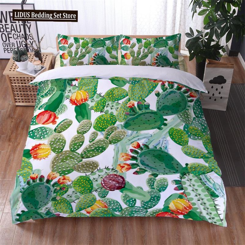 Green Cactus Potted Duvet Cover Set King Size Polyester Comforter Cover Cartoon Green Plant Cute Kawaii For Kid Boy Bedding Set