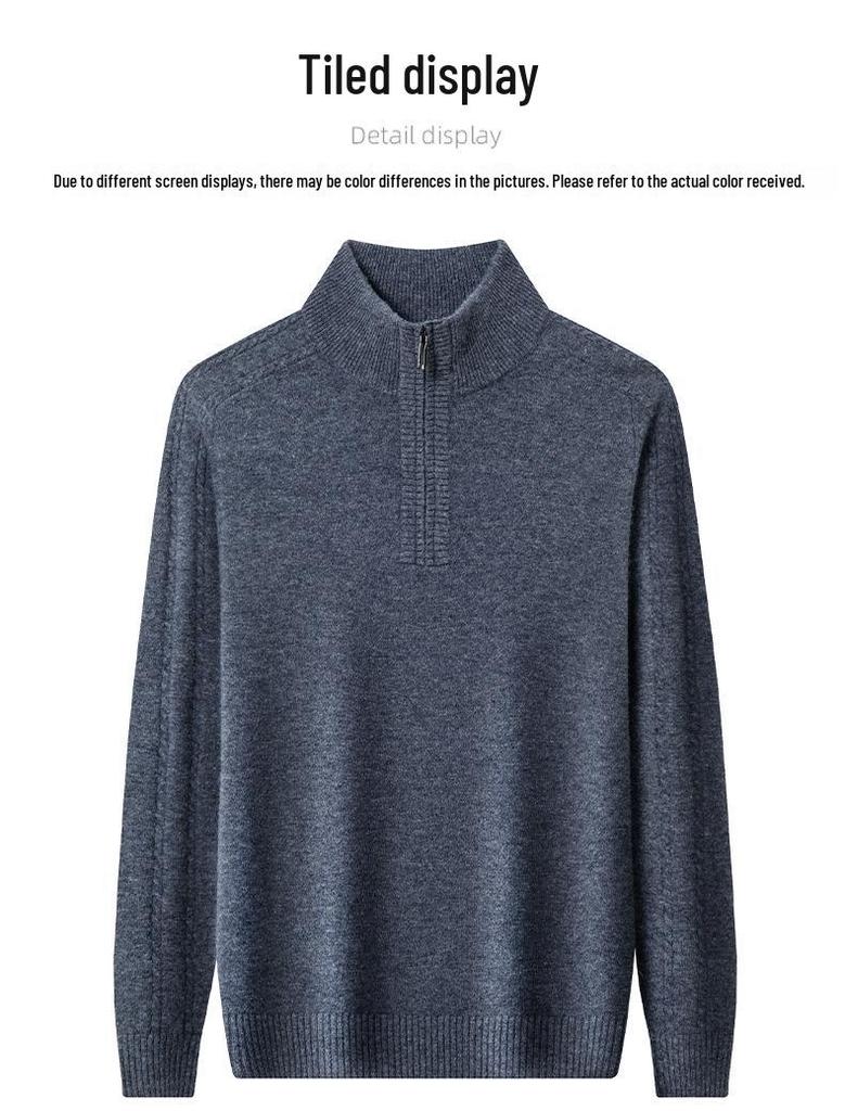 Men's 100% Merino Wool Half-Zip Pullover Sweater - Warm Winter Wear for Middle-Aged Men