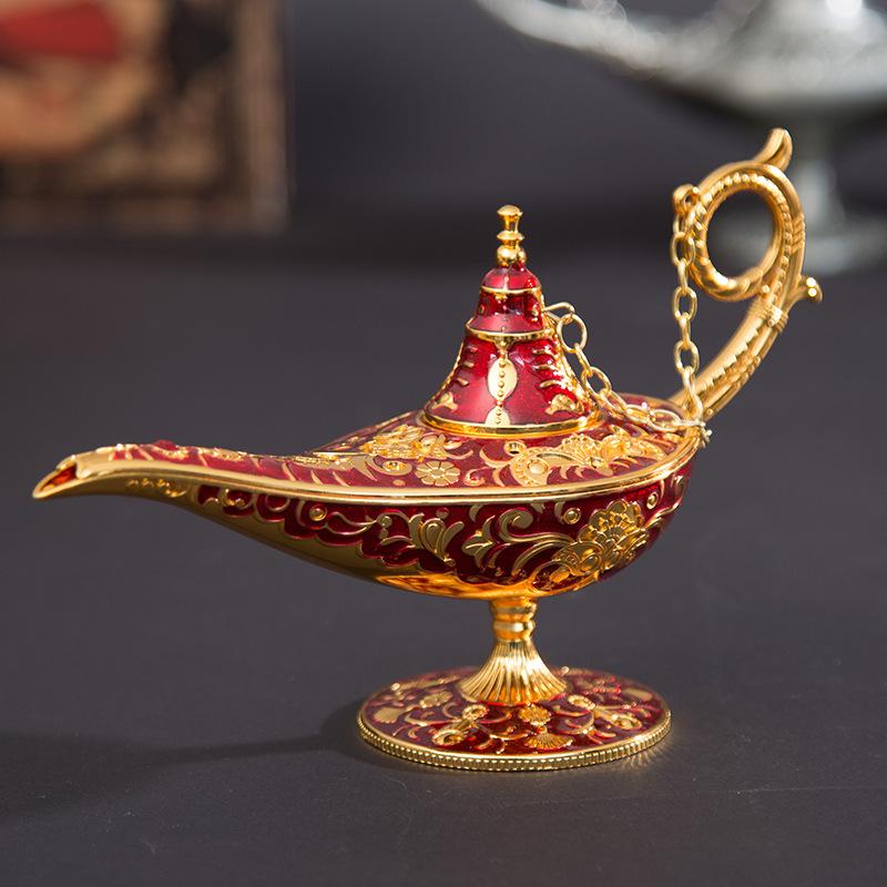 20cm(7.87") Classic Rare Hollow Legend Aladdin Magic Genie Lamp Burners Retro Wishing Oil Metal Crafts Ornaments Home Decor Gift