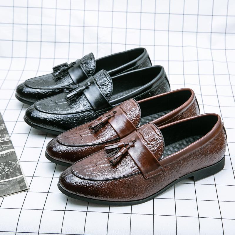 Men's Casual Leather Tassel Loafers, Size 48 - British Style Crocodile Pattern Slip-ons for Autumn