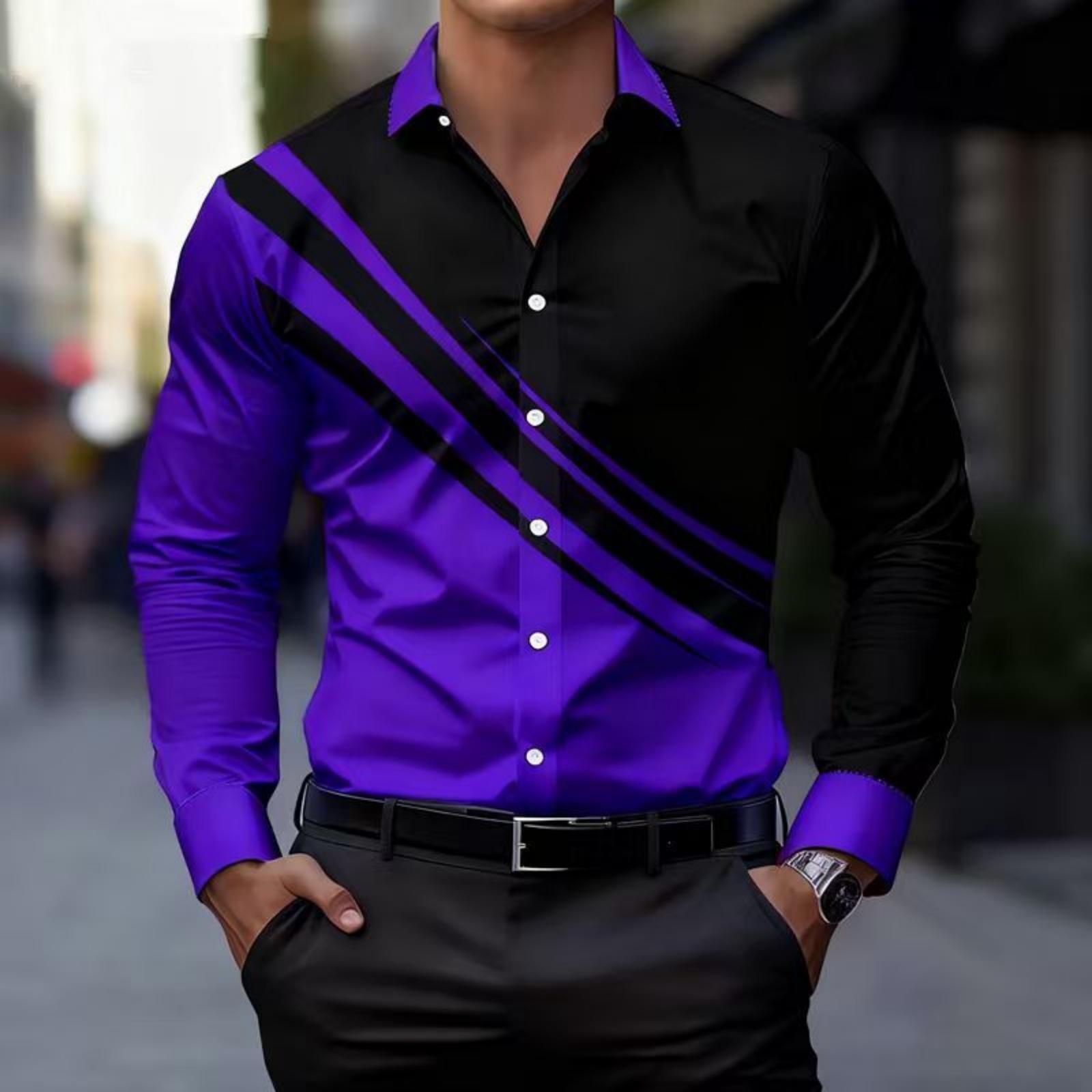 

Мужские рубашки с длинным рукавом, рубашки в стиле business casual, мужские рубашки на пуговицах с отложным воротником и цветными блоками XXL фиолетовый