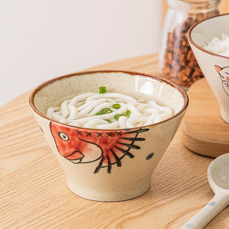 Japanese Hand Painted Ceramic Rice Bowl Cartoon Underglaze Bamboo Hat Design for Kids Meals Home Use Cute Gift Set