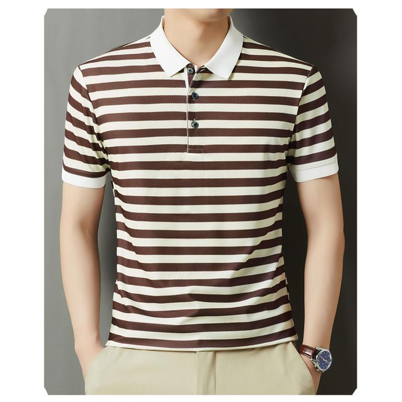 Men's Green White Striped Polo Shirt Short Sleeve Casual Top