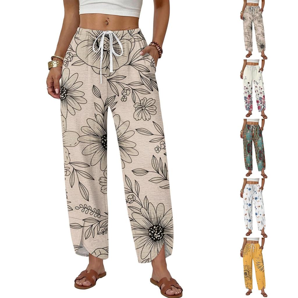 Women High Waist Drawstring Pants Loose Fit Straight Leg Split Hem Floral Print Trousers Casual Lightweight Bottoms