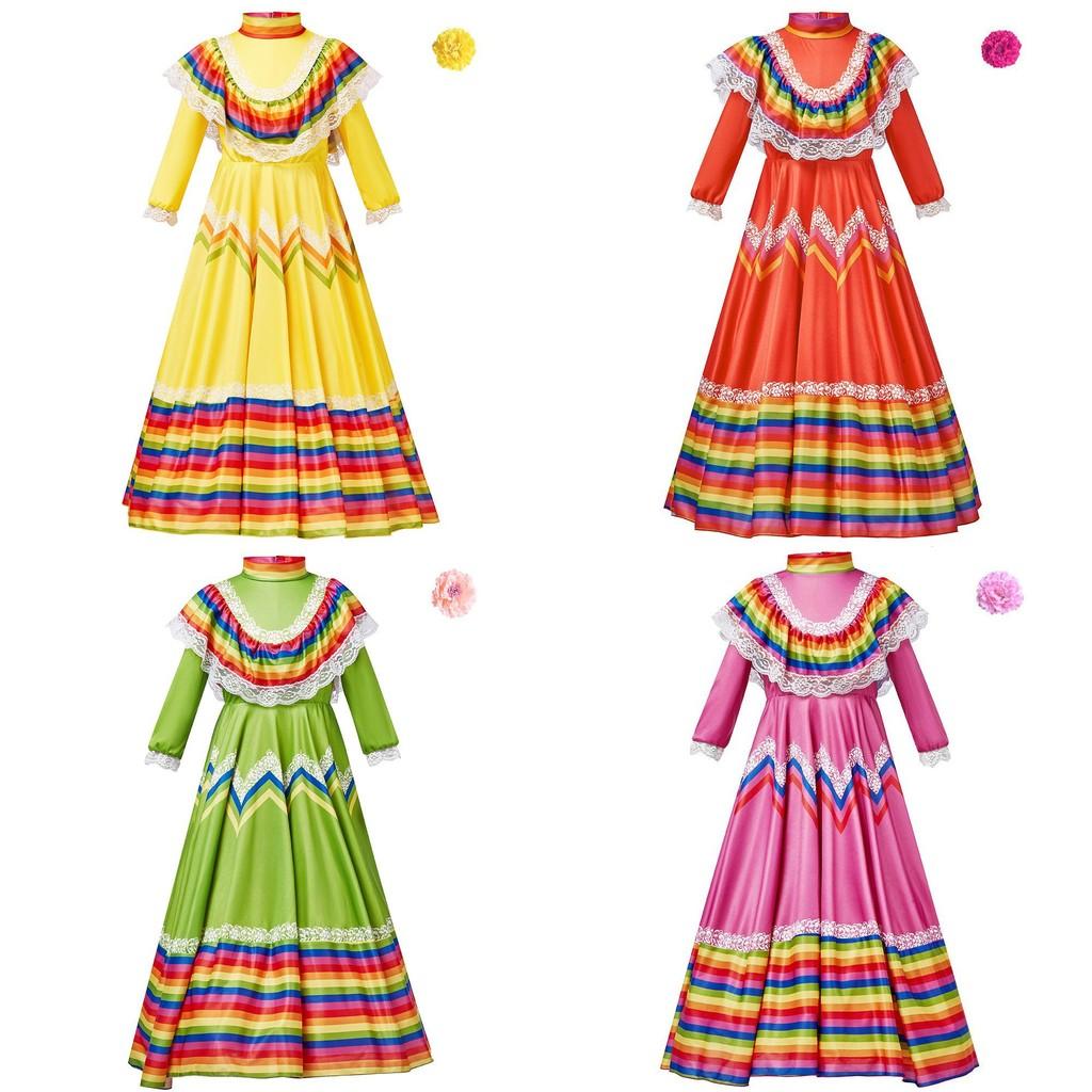 Mexicana Cosplay Long Dress Costumes For Kids Halloween Party Gift Performance