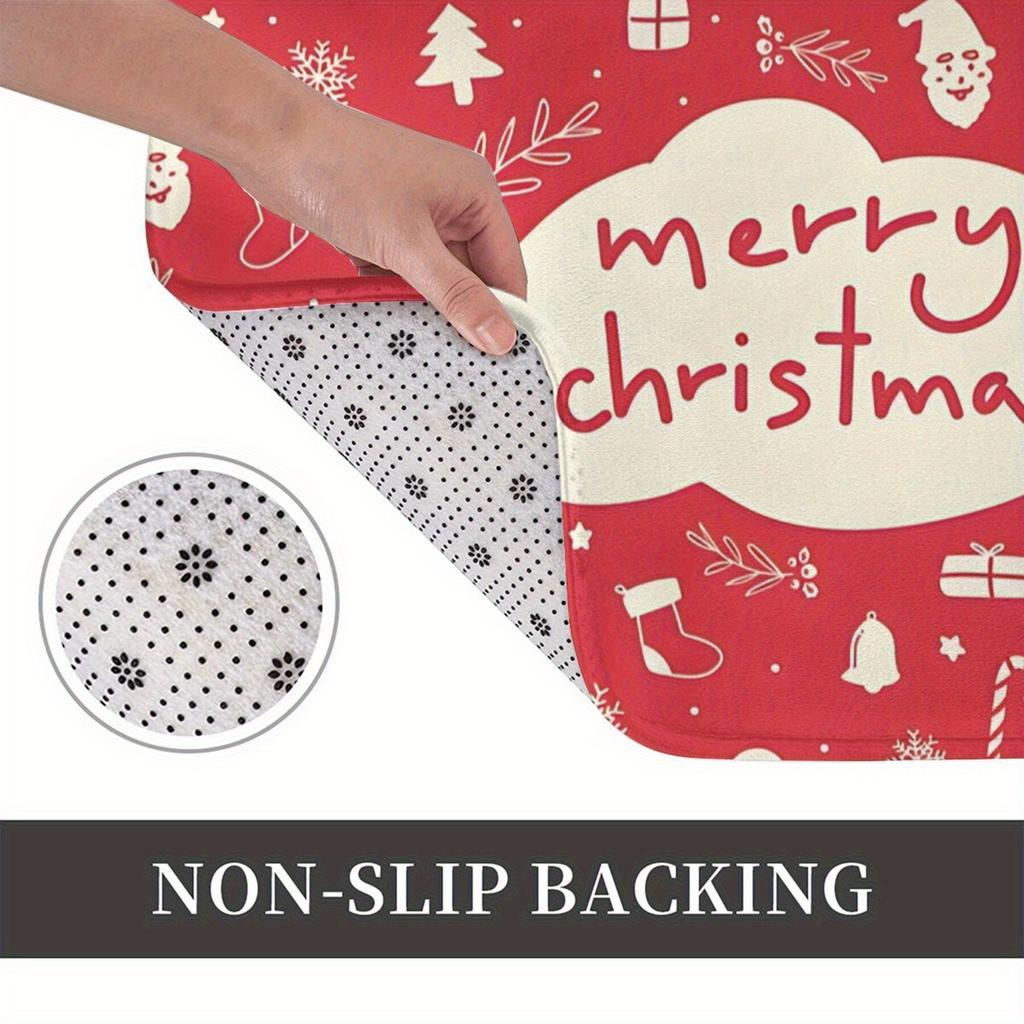Festive Cherry Red Christmas Doodle Non-Slip Doormat - Machine Washable Lightweight Polyester Mat with Rubber Backing, Irregular