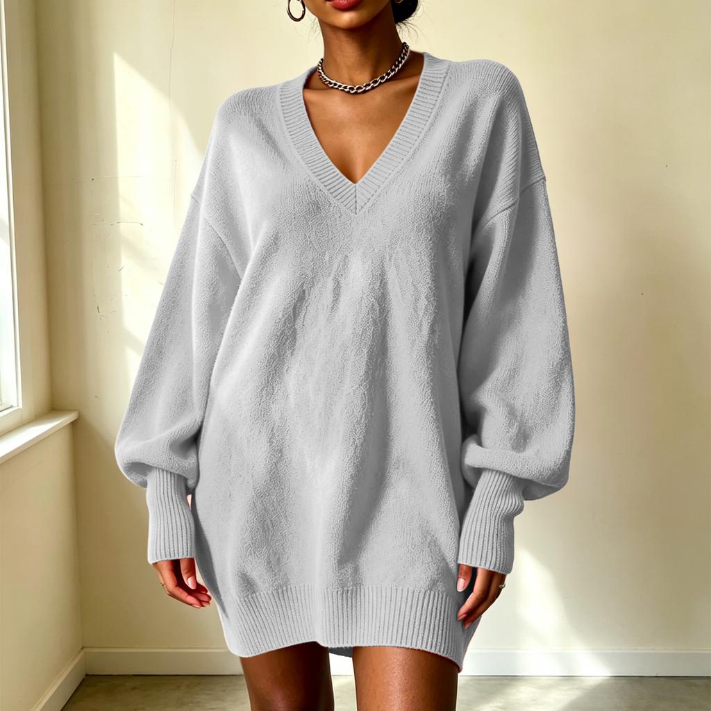 Women's Loose Fit Midi Sweater Dress with Sleeves and Collared Neckline