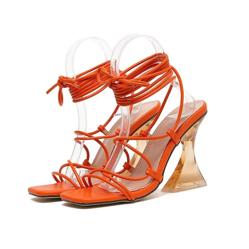 Fashion Sexy Square Head Open Toe Strange Style Heel Sandals for Women Cross-Tied Ankle Strap Clear High Heels Party Club Shoe