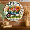2D Flat 1pc, 8x8 in, Rustic Garden Welcome Sign with Vintage Unicycle & Colorful Flowers - Durable Aluminum Metal Wall Art for Outdoor Patio, Garage