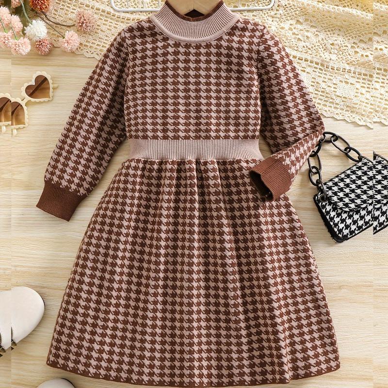 

Весна и осень, новый элегантный клетчатый свитер с длинными рукавами и круглым вырезом для девочек, трикотажное платье 140cm темно-коричневого
