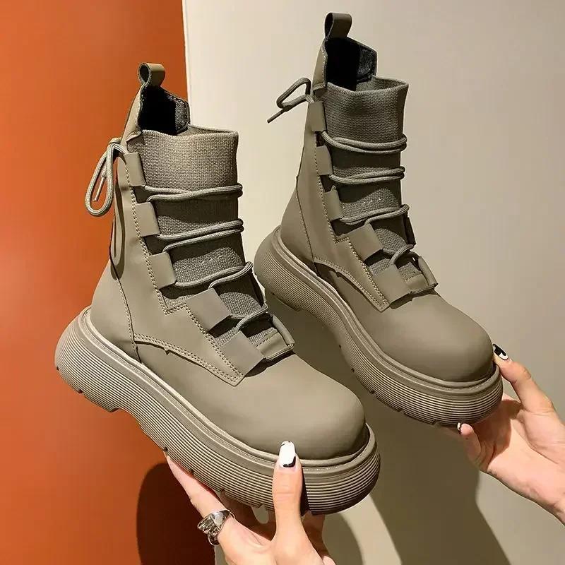 New Fashionable and Versatile Elastic Knitted Short Boots for Women, Thick Soled and Height Increasing Lace Up Short Boots