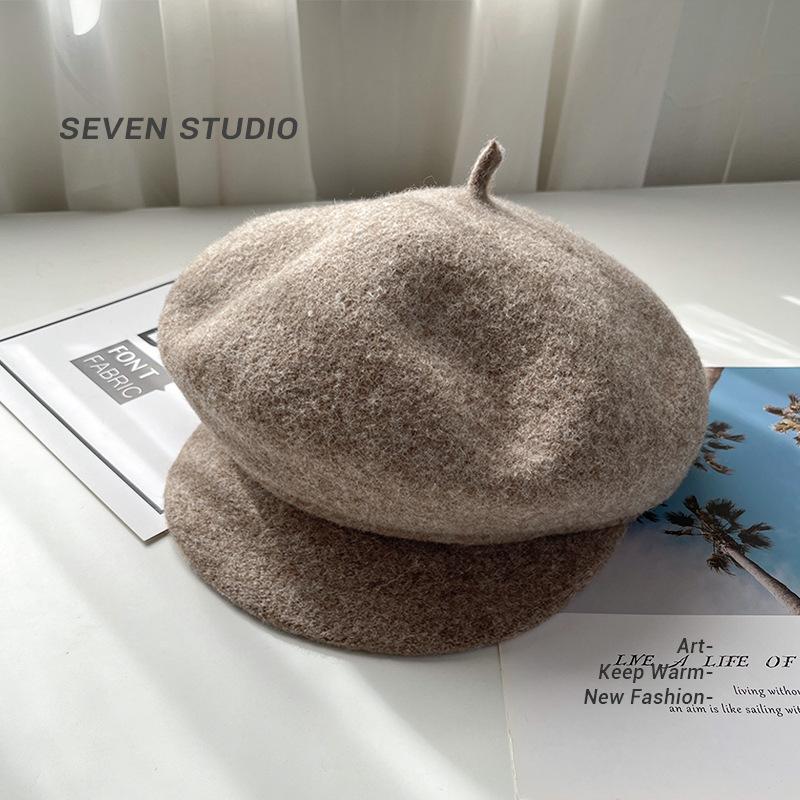 

Осенне-зимняя теплая шерстяная восьмиугольная шляпа детская универсальная ретро берет с козырьком, маленькое лицо, однотонная кепка газетчика M（56-58cm）