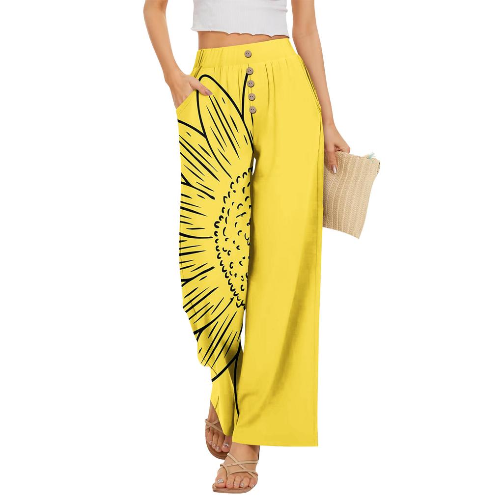 Women’s Summer Loose Fit Floral Print Wide Leg Pants Stretch Waistband Button Front with Pockets Casual Lightweight Trousers for Daily Wear