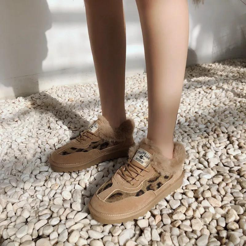 Fashion Flats Women Fur Shallow Ankle Boots Winter New Fashion Leopard Print Short Plush Warm Women Shoes 2025 Trend Cozy Non Slip Boots