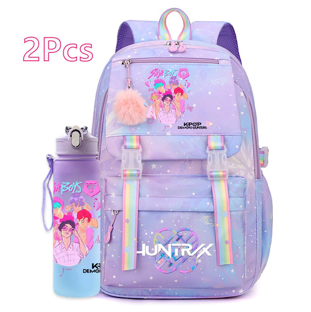 2Pcs/set Anime K-pop Printed Backpack with 750Ml Water Bottler Large Capacity Travel Bag for Teenager Girl Boy Bookbag Kid Gift Large Capacity Bag