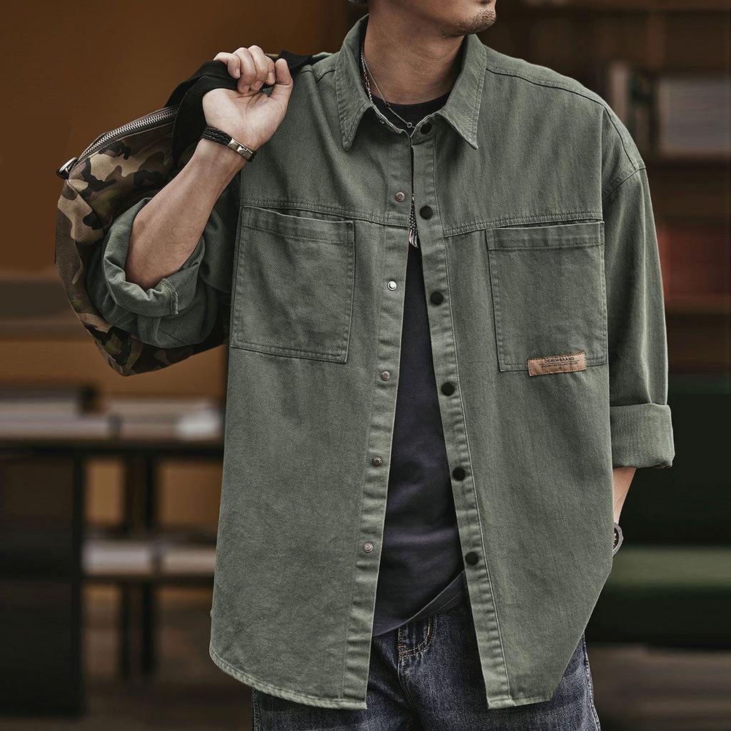 Men's Retro Military Green Heavy Work Shirt Jacket - Autumn Casual Loose Fit, Long-Sleeved