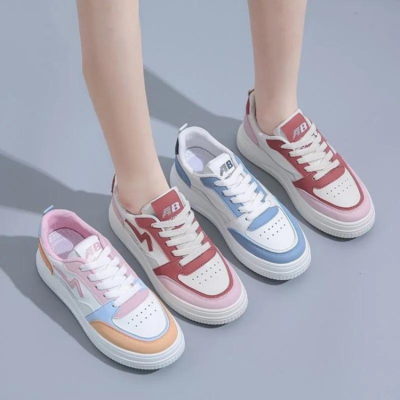 College Style Candy Color Board Shoes Women's New Round Head Lace-up White Shoes Student Contrasting Sports Shoes