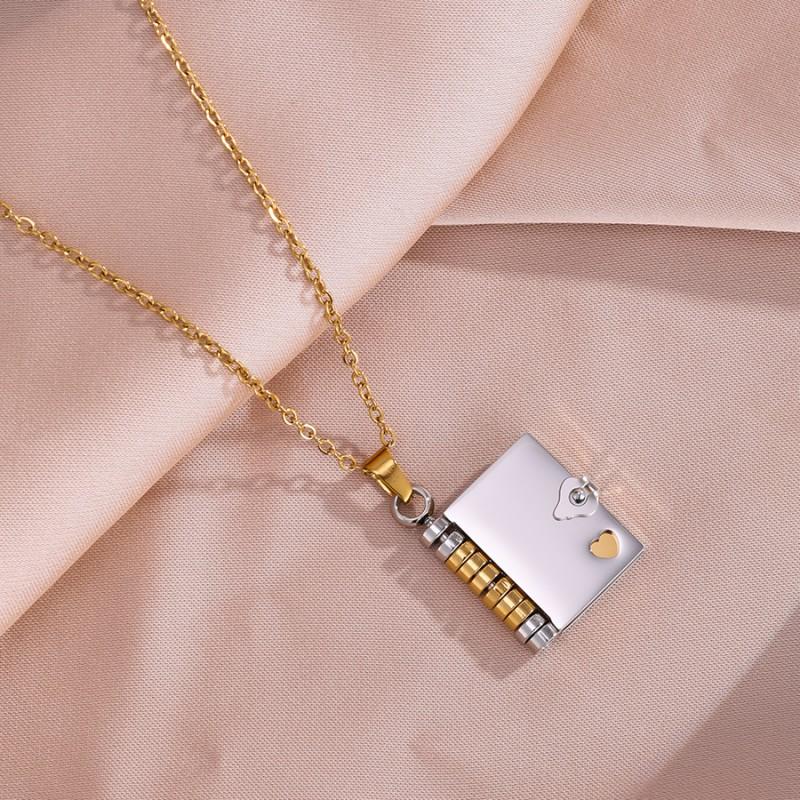 Stainless Steel Book-Shaped Pendant Necklace With Custom Engraved Message Mom Dad Grandma Or Lover Gold Plated Chain