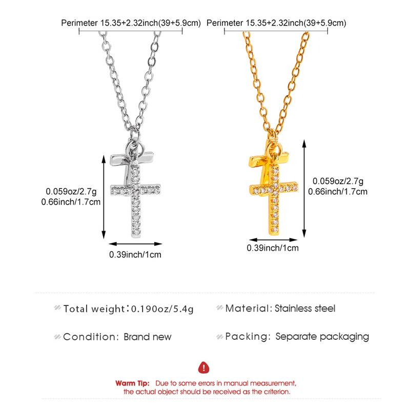 Luxury Stainless Steel Double-Layer Cross Pendant Necklace for Women Shiny Cubic Zirconia Geometric Clavicle Chain Daily Jewelry