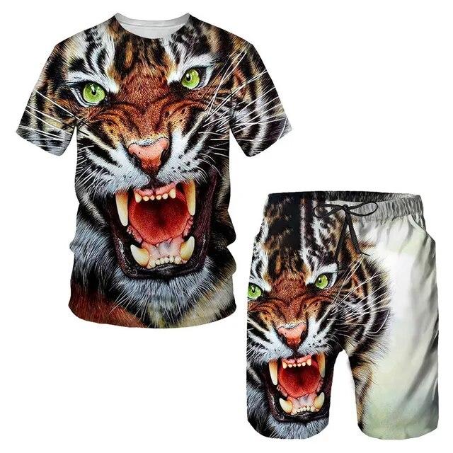 Tricou/costumul cu imprimeu 3D The Tiger, cu mâneci scurte, cu gâtul O, pantaloni de plajă pentru bărbați, set de 2 bucăți, îmbrăcăminte sport pentru cuplu, pantaloni scurți de înot