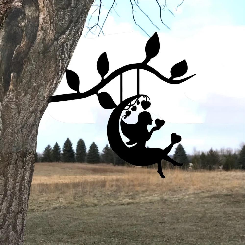 Swing Elf On Branch Steel Silhouette – Metal Wall Art for Home, Garden, Outdoor Statue Stake Decoration, Ideal for Birthdays