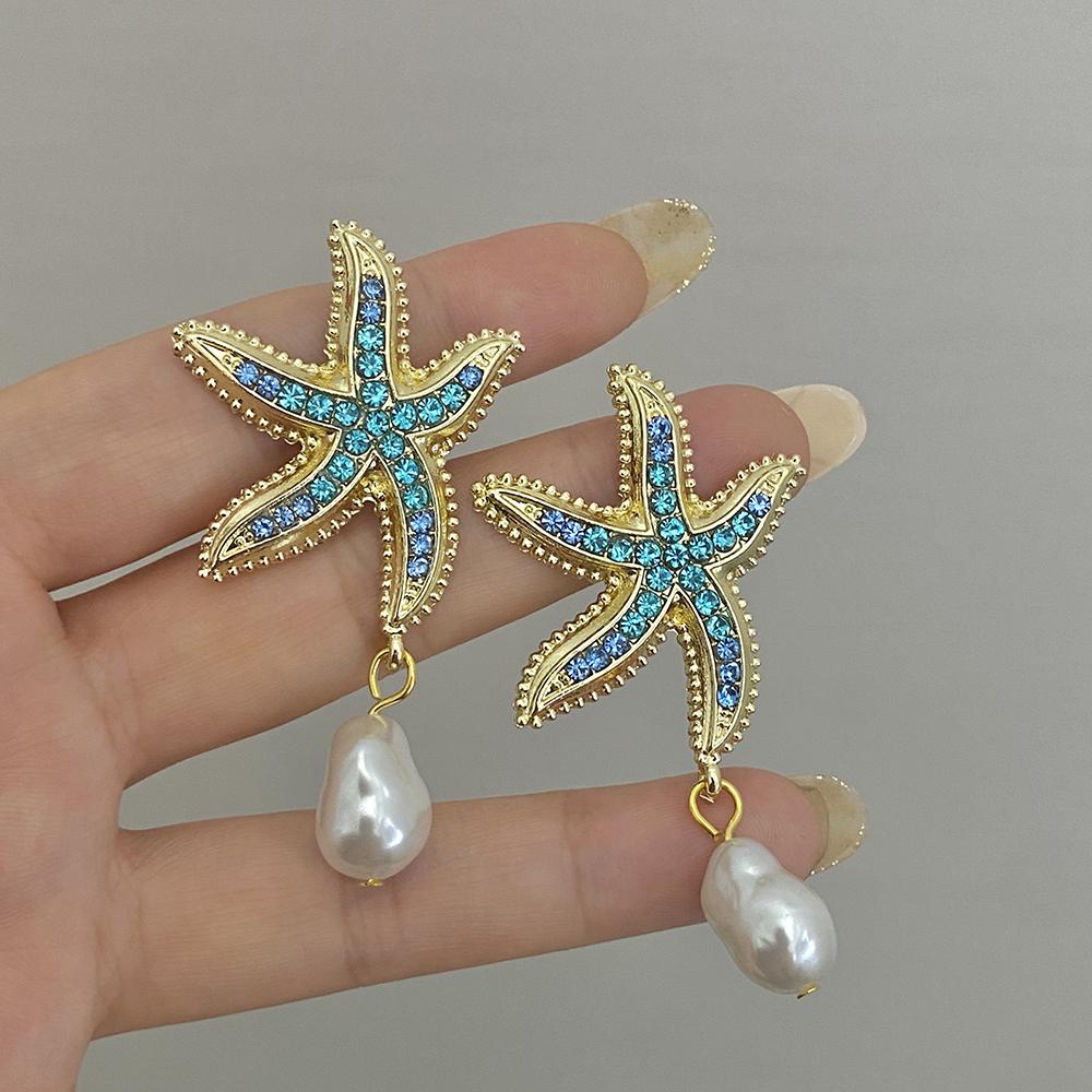 Bohemian Simulation Pearl Modré Kamínky Visací Náušnice pro Ženy Hvězdice Šperky Letní Dovolená Plážové Dárky