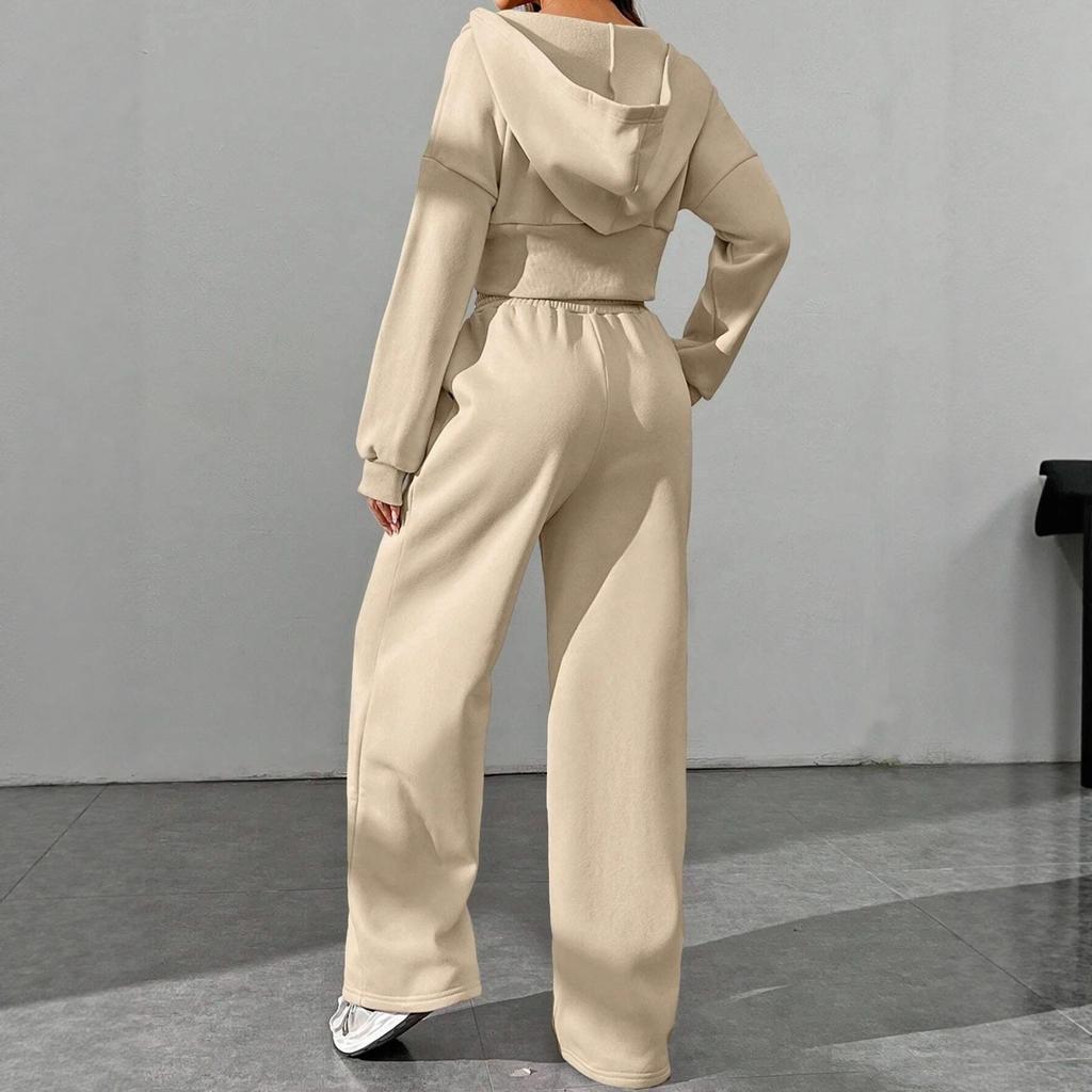 Women's Cropped Hoodie And Wide Leg Pants Two Piece Tracksuit Casual Loungewear Set