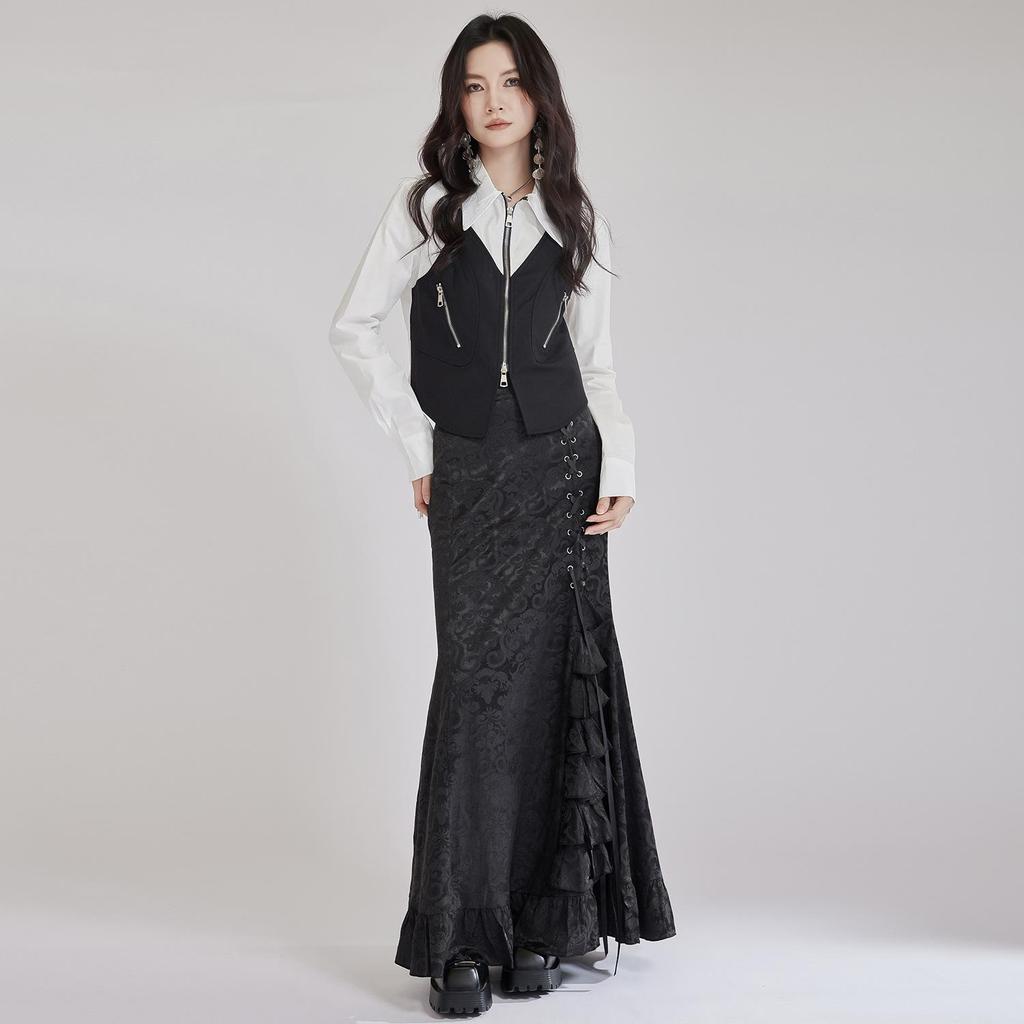 2025 Gothic Victorian Jacquard Fishtail Skirt with Lace-Up Detail
