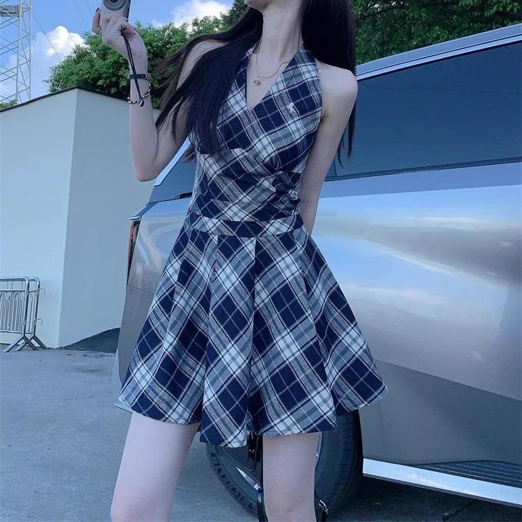 French v-neck neck plaid dress women's summer new temperament slim fit small man short