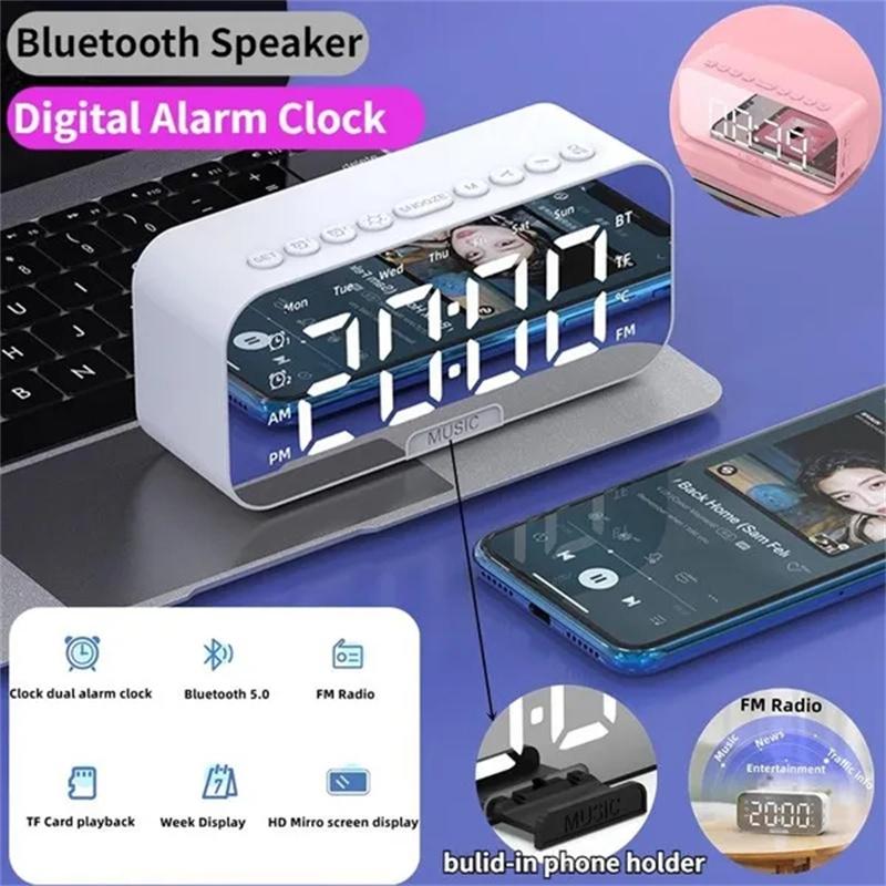 LED Digital Alarm Clock Mirror Bluetooth Speaker Electronic Clock Large Display Real-time Temperature Week Display FM