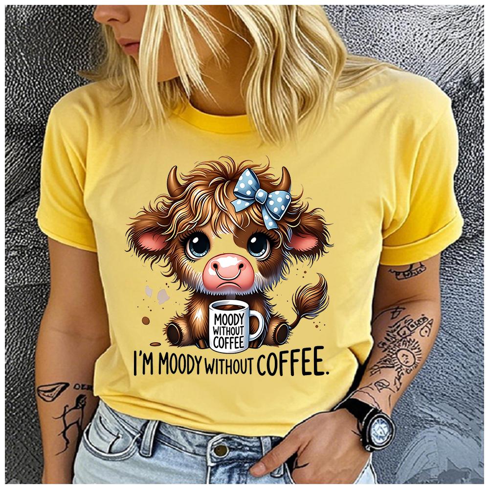 Women's Polyester 100% yak drinking tea Print T-shirt Loose round Neck Casual Short Sleeve Fashion Top Clothing Summer
