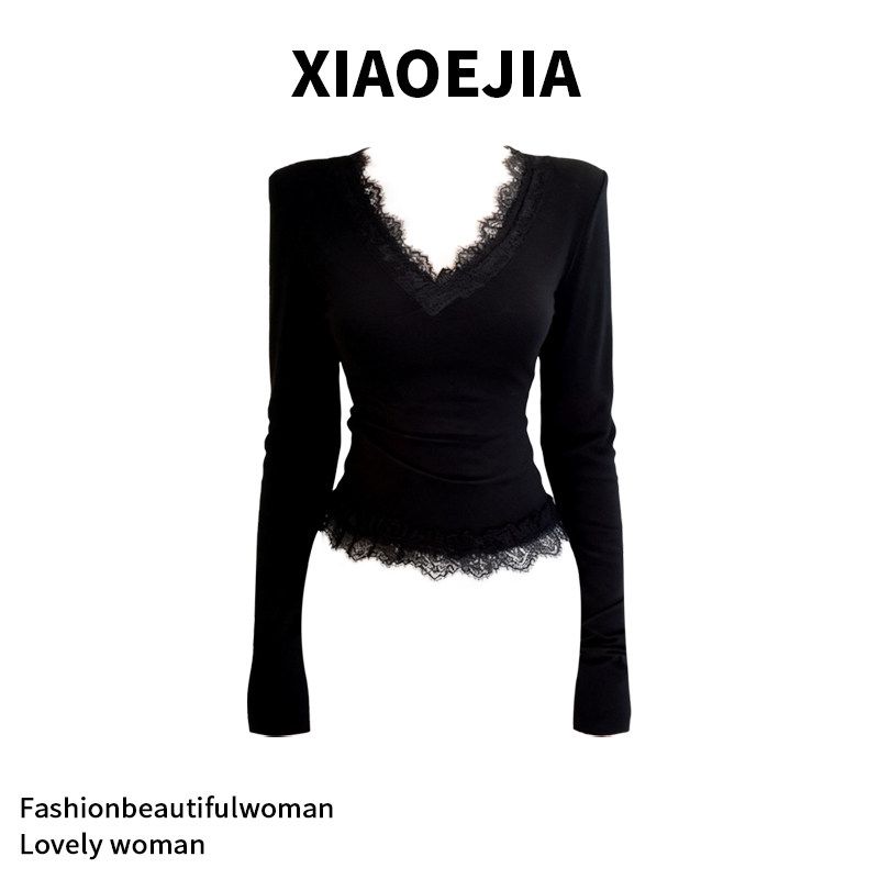 

Xiaoejia Pure Desire Style Lace Trim V-Neck Long-Sleeve T-Shirt Slim Fit Fleece-Lined Base Shirt for Women Black XL