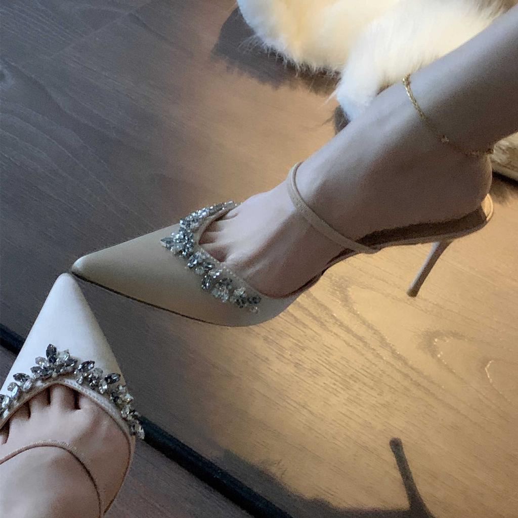 2025 Summer New Pointed Rhinestone High Heel Fine Heel Champagne One Word with Sandals Half Drag Cool Slippers Outer Wear Women