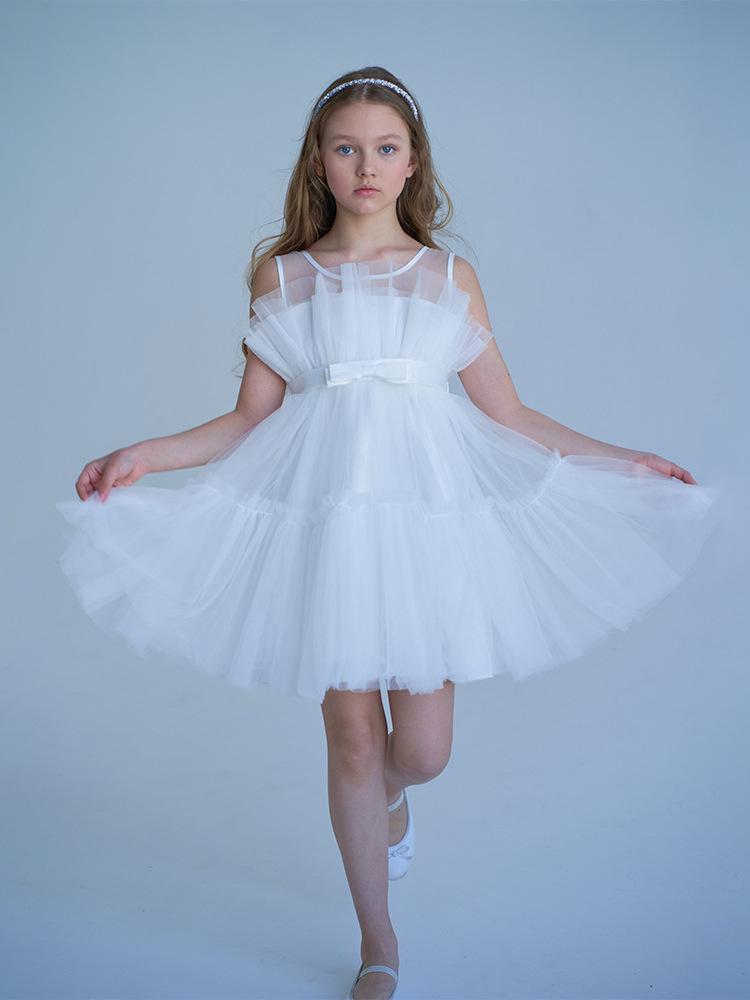 Girls' Princess Layered Puffy Train Gown for Piano Performances & Runway