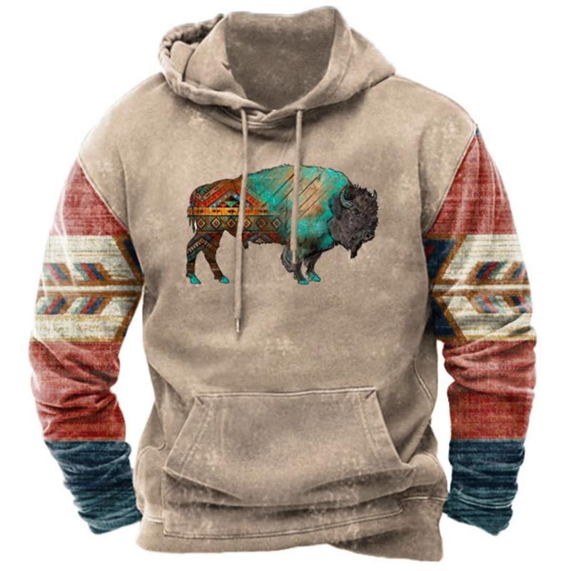 2026 New Men s Hoodie Vintage Cow Printed Oversized Hooded Sweatshirts Pullovers Casual Long-sleeved Men Clothing Streetwear S
