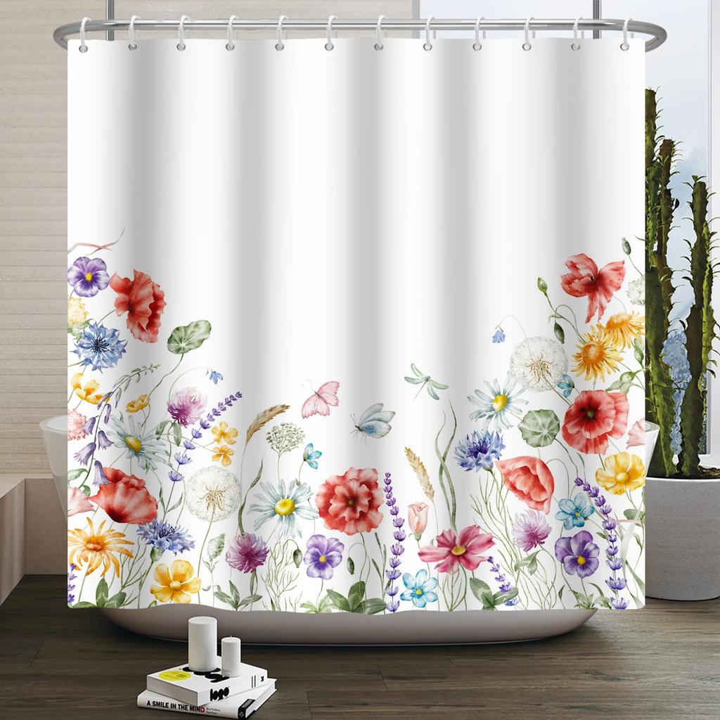 Watercolor Floral Shower Curtain for Bathroom Spring Elegant Flower Printed Bath Curtain Botanical Wildflower Bathroom Decor