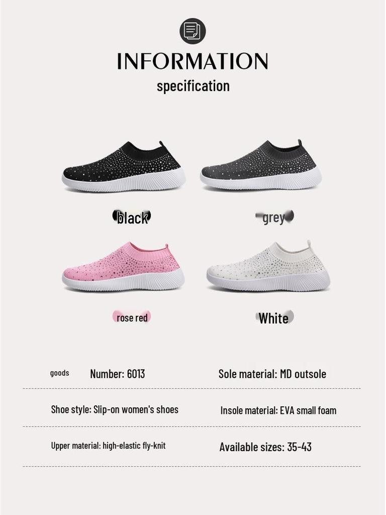 Plus Size Rhinestone Stretch Sock Women's Flyknit Casual Shoes - Lightweight & Breathable MD Sole