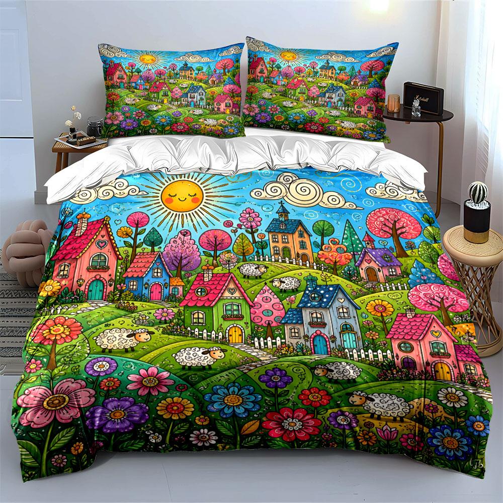 Colorful Village And Sunshine Cartoon Print Soft Comfortable Duvet Cover Bedding Set Included 1*Duvet Cover 2*Pillowcases