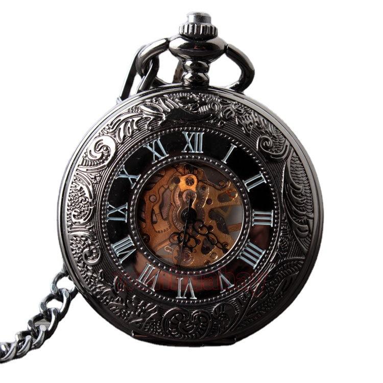 Large Mechanical Pocket Watch Fashion Classic Retro Black Hollow Roman Men'S And Women'S Pendant Watch