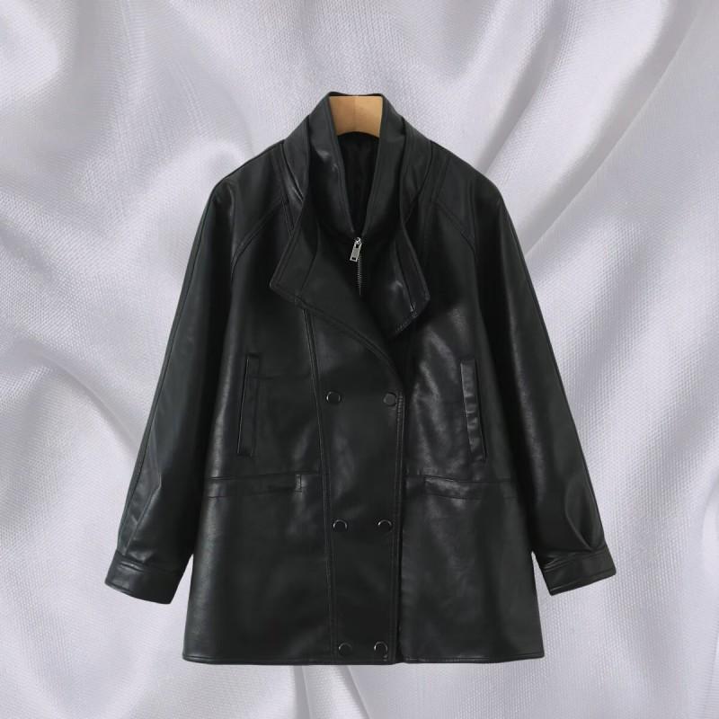 Unisex Double Collar PU Leather Biker Jacket Oversized Streetwear Outerwear Winter