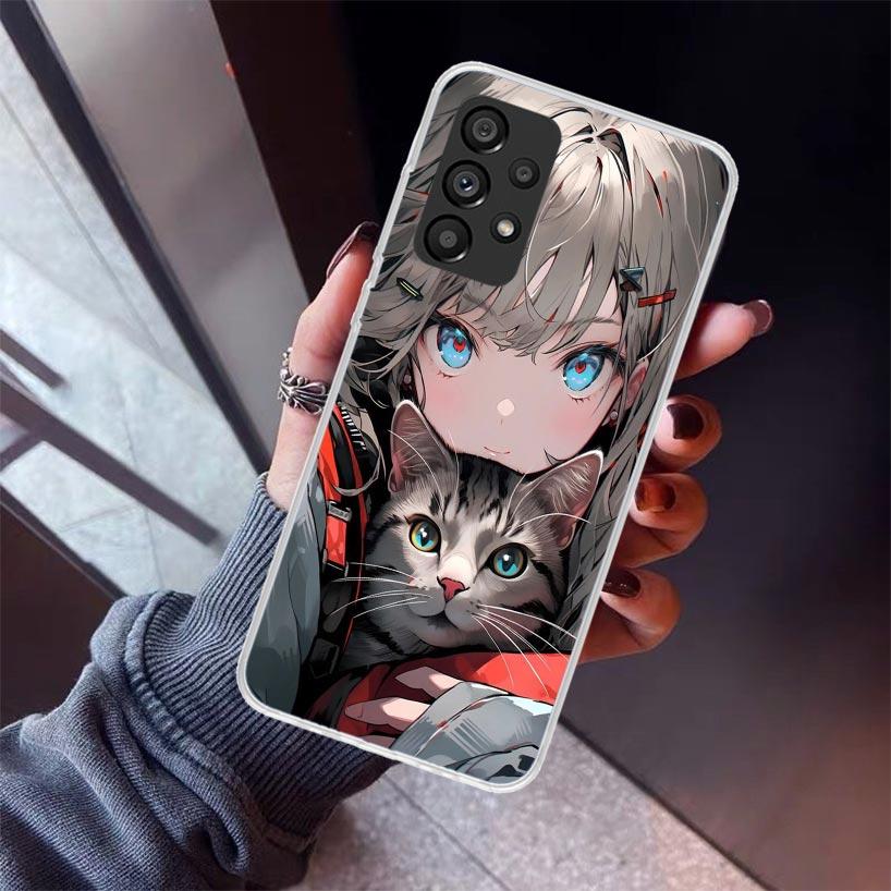 Anime Girls Cute Black Cat Phone Case For Samsung Galaxy A17 A57 A37 A16 A26 A36 A56 A15 A25 A35 A55 A14 A13 A54 A53 A34 A24 A33
