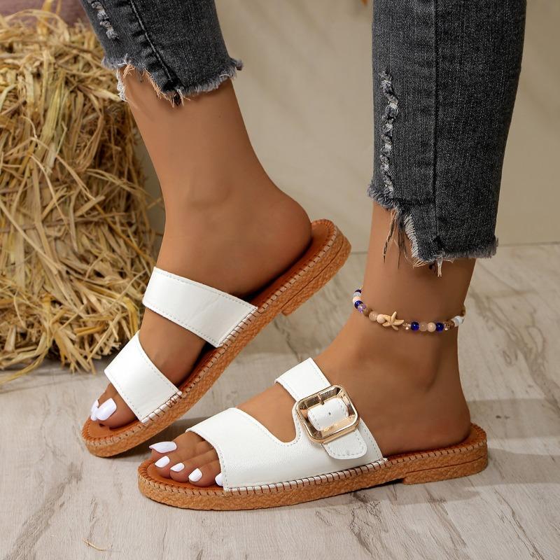 Fashion Women's Summer Simple and Versatile Flat Bottom Sandals Fashion Slip on Square Buckle Casual Beach Sandals Sandalias De Mujer 43