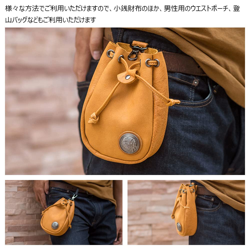 Whatna Natural Thick Cowhide Leather Coin Purse for Men and Drawstring Mini Sacoche Carabiner Belt Mini Waist Genuine Fits Earphone Storage Case with
