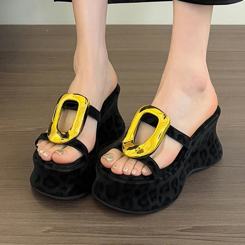 Fashion Women Slippers High Heels Leopard Shoes Dress Fashion Woman's Sandals 2025 Summer Designer Slides New Casual Sandalias De Mujer