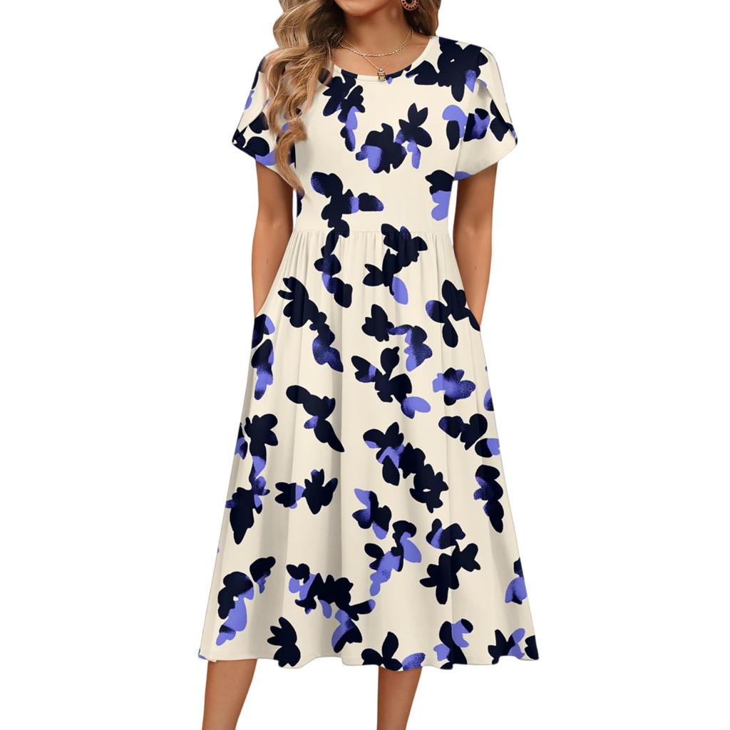 Damenmode Sommer Rundhals Kurzarm Blumendruck Strandkleider