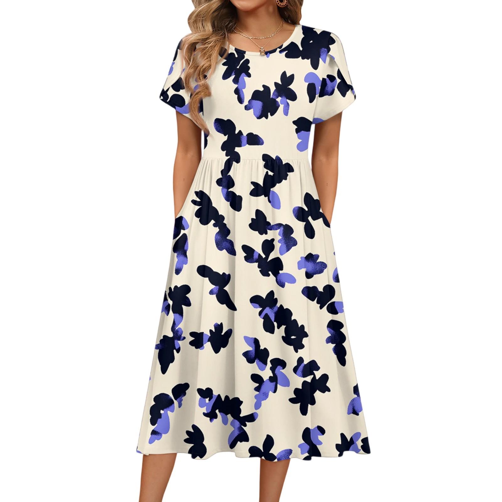 

Women s Fashion Summer Round Neck Short Sleeve Floral Printed Beach Dresses XL білий