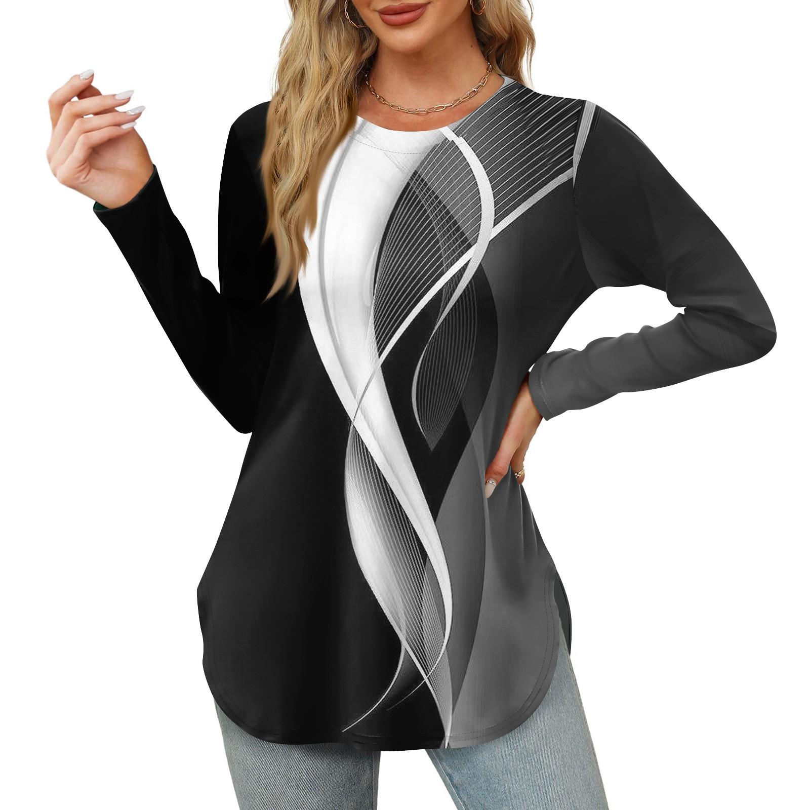 

Женские рубашки с длинным рукавом и круглым вырезом, базовые свободные туники с боковым разрезом, повседневные рубашки с цветочным принтом XXXL