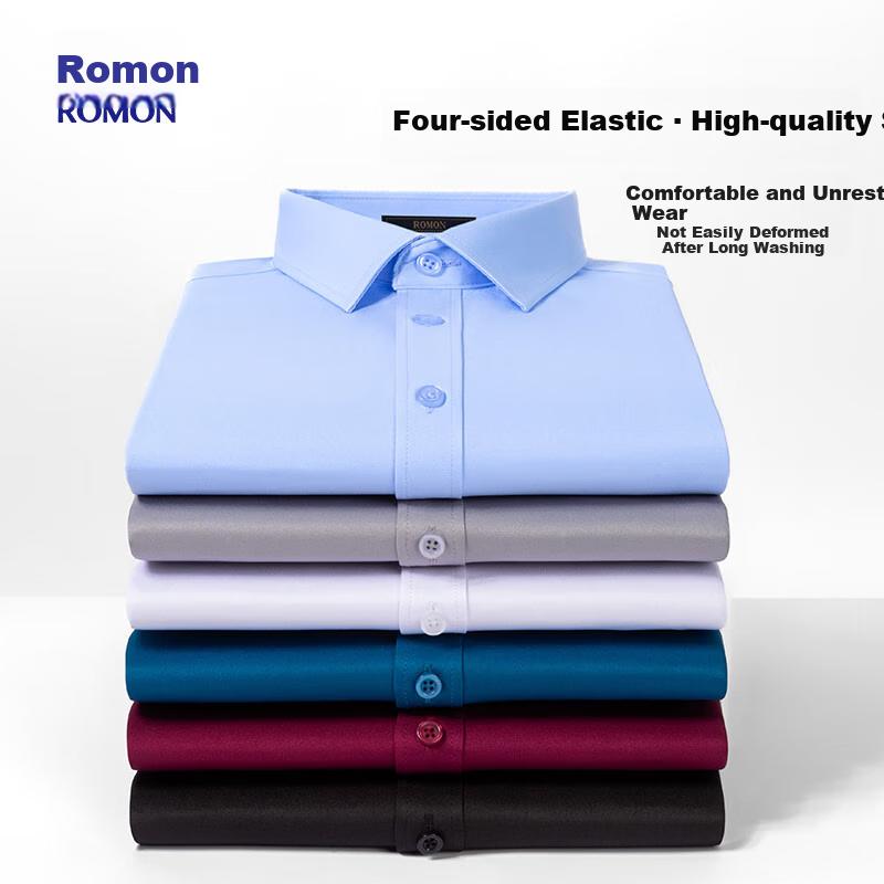 ROMON Men's Long-Sleeve Shirt, Wrinkle-Resistant, Autumn New Arrival, Middle-Aged And Young Professional Work Uniform, High-Elastic Dress Shirt C801