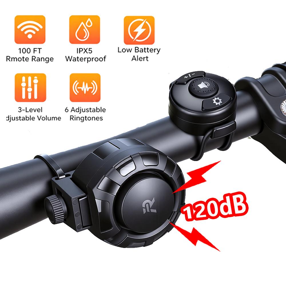 Rockbye Bicycle Electric Bell Horn 120dB USB Charge MTB Scooter Road Bike Handlebar Horn 6 Modes Alarm Ring Remote Control