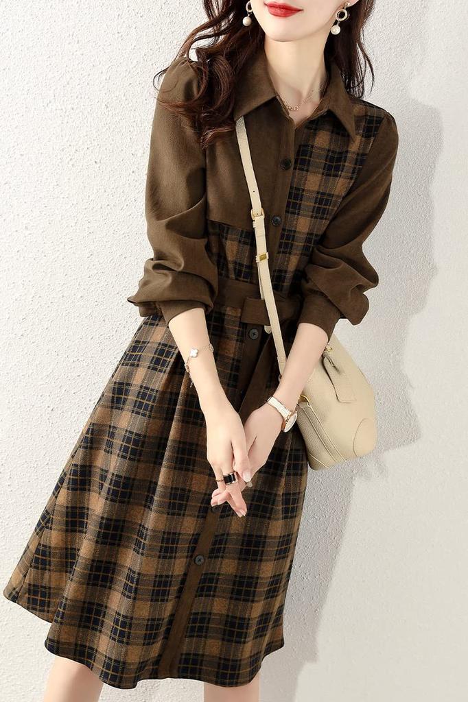 Chubikime Shirt Long Check Midi Ribbon Stylish for and Spring Women's Dress, Sleeve, Pattern, Length, A-Line, Detail, Turn-Down Collar, Elegant,